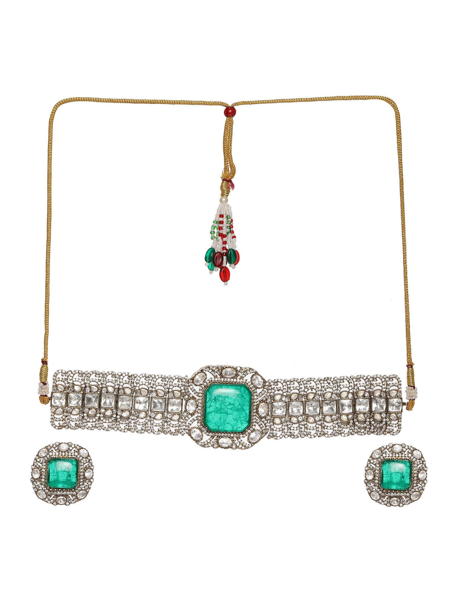 Emerald Stone with Diamonds and Mossainite Choker and Studs - Ruby Raang
