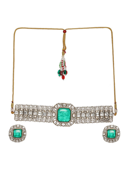 Emerald Stone with Diamonds and Mossainite Choker and Studs - Ruby Raang - Distacart