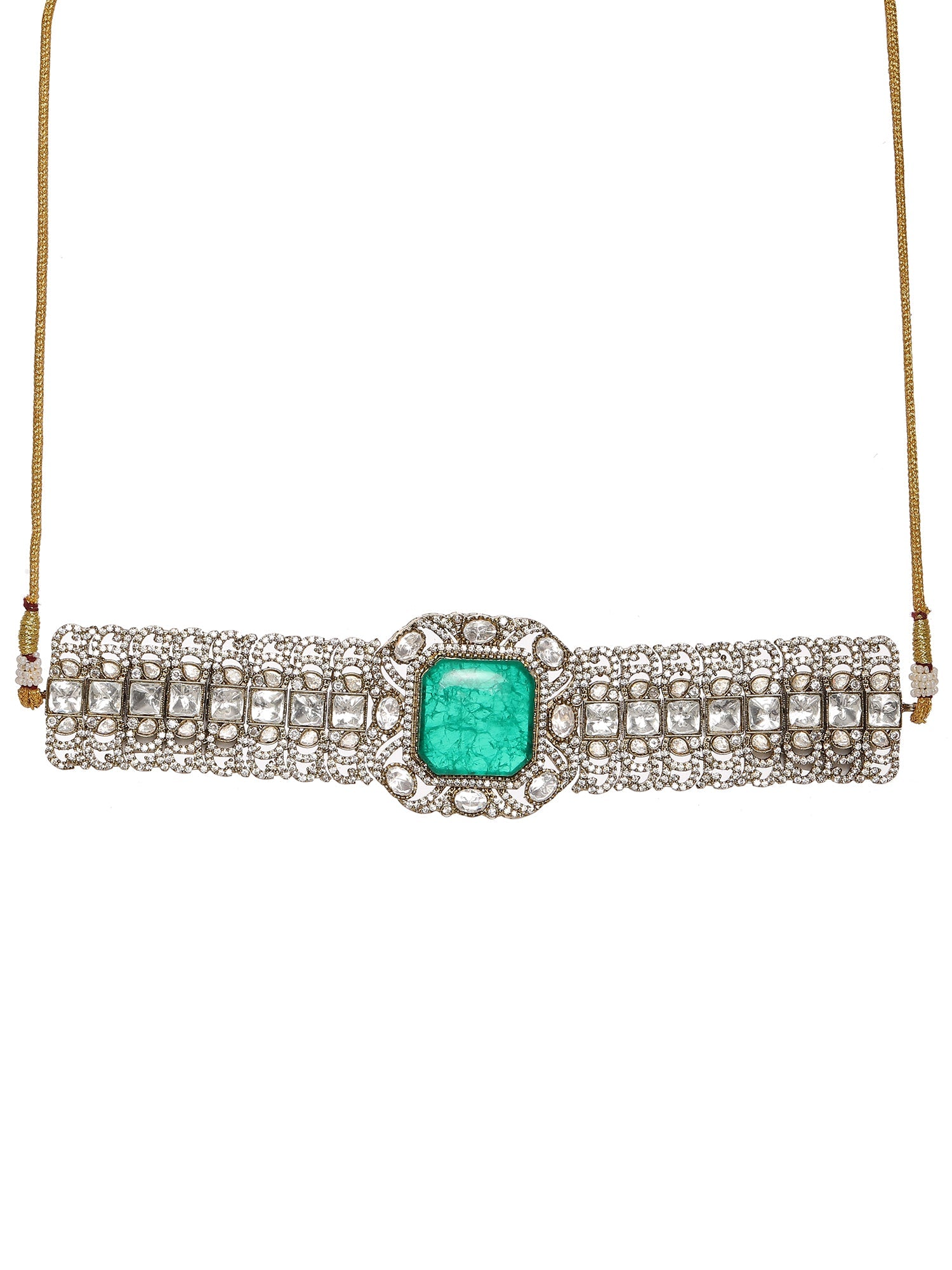 Emerald Stone with Diamonds and Mossainite Choker and Studs - Ruby Raang
