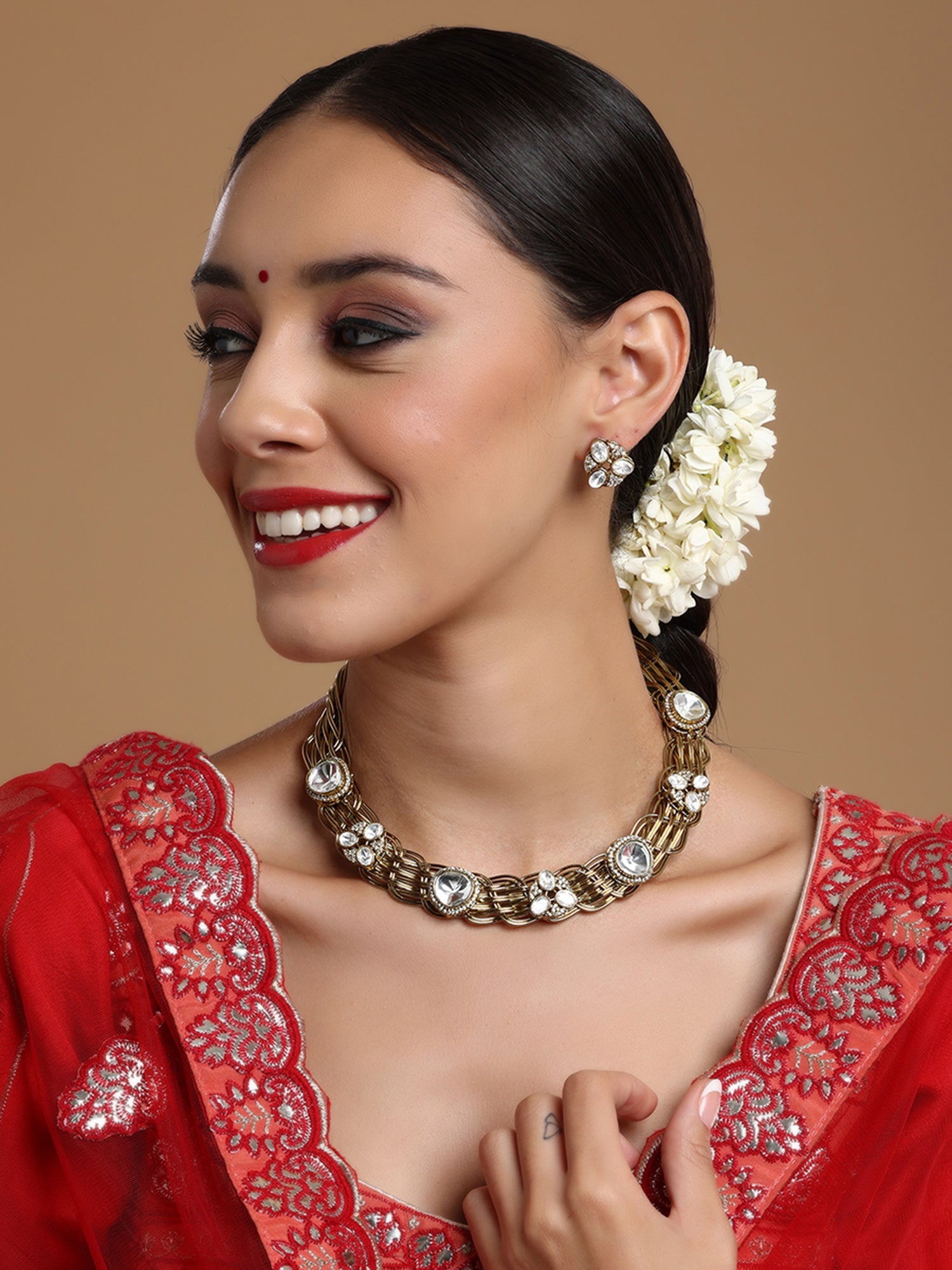 Golden Kundan & Mossainite Hasli Choker with Studs - Ruby Raang - Distacart