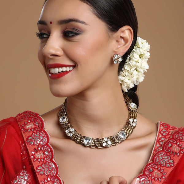 Golden Kundan & Mossainite Hasli Choker with Studs - Ruby Raang - Distacart