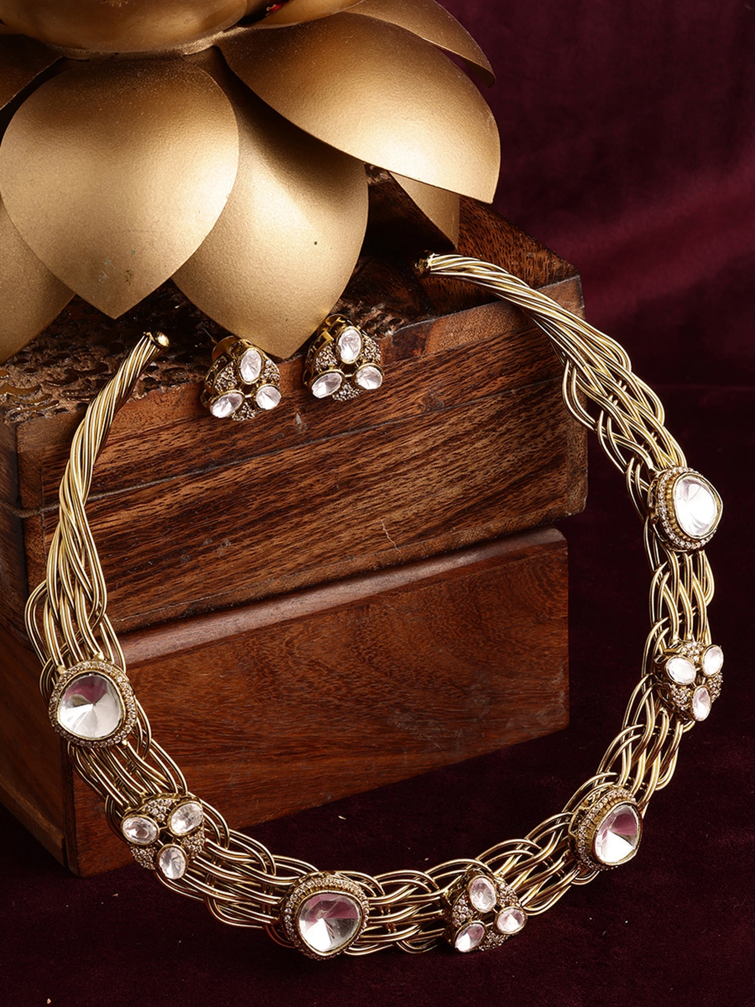 Golden Kundan & Mossainite Hasli Choker with Studs - Ruby Raang - Distacart