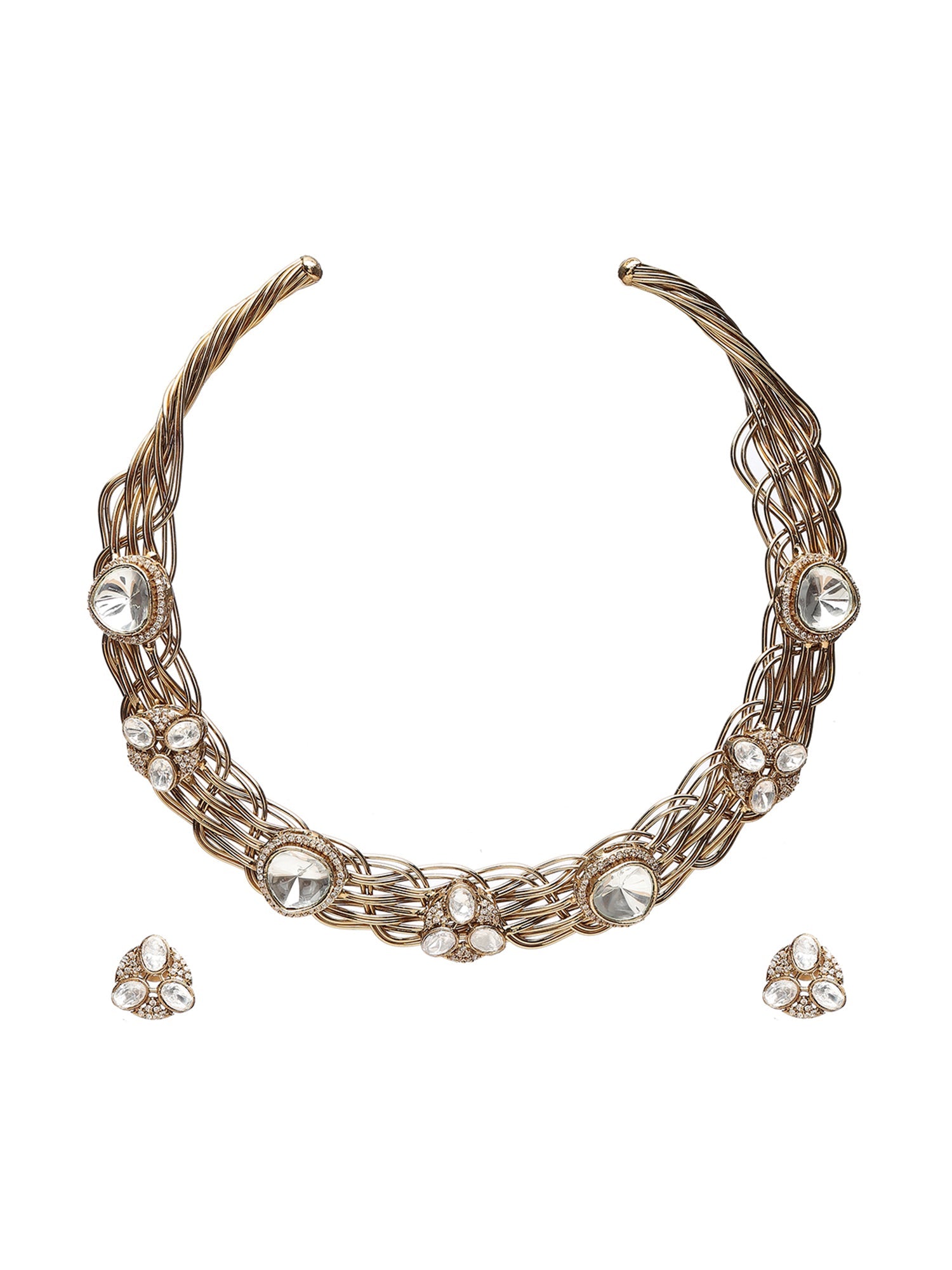 Golden Kundan & Mossainite Hasli Choker with Studs - Ruby Raang