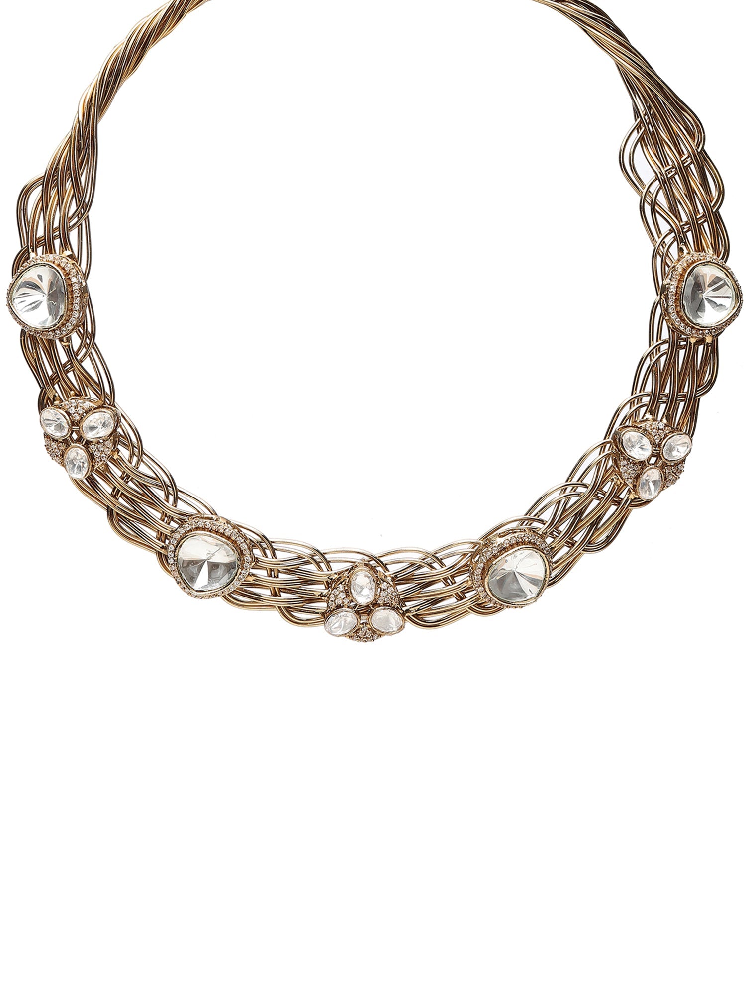 Golden Kundan & Mossainite Hasli Choker with Studs - Ruby Raang