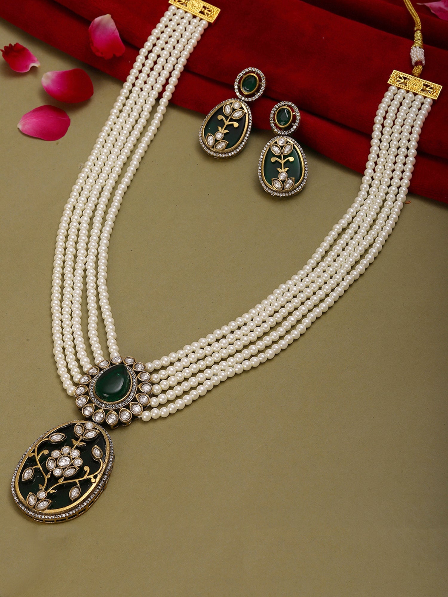 Long Pearl Layered Necklace with Pendant and Matching Earrings - Ruby Raang - Distacart