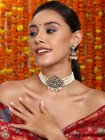 Thumbnail for Kundan and Mossainite Choker in Pearls with matching Jhumki Earrings - Ruby Raang