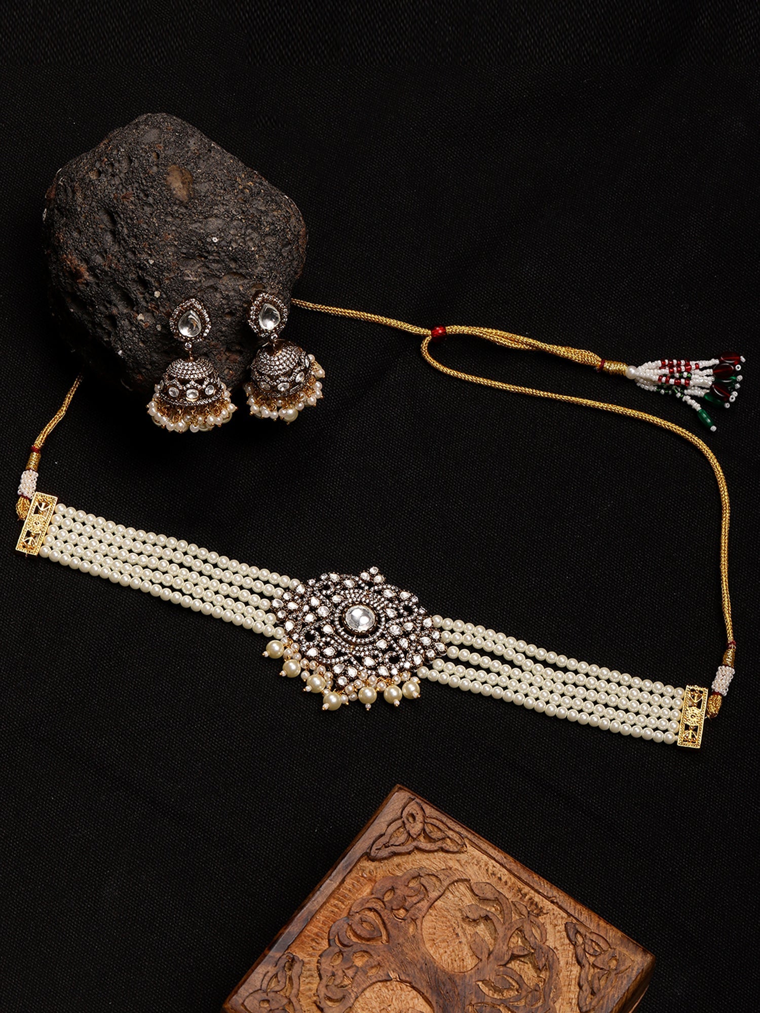 Kundan and Mossainite Choker in Pearls with matching Jhumki Earrings - Ruby Raang - Distacart