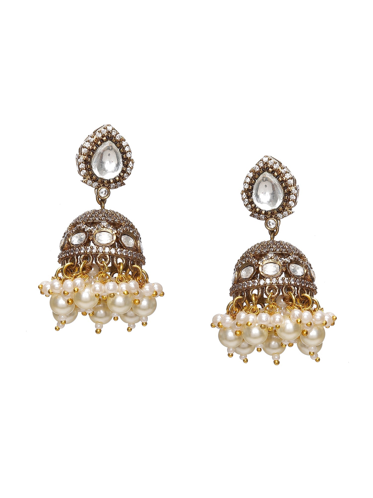 Kundan and Mossainite Choker in Pearls with matching Jhumki Earrings - Ruby Raang