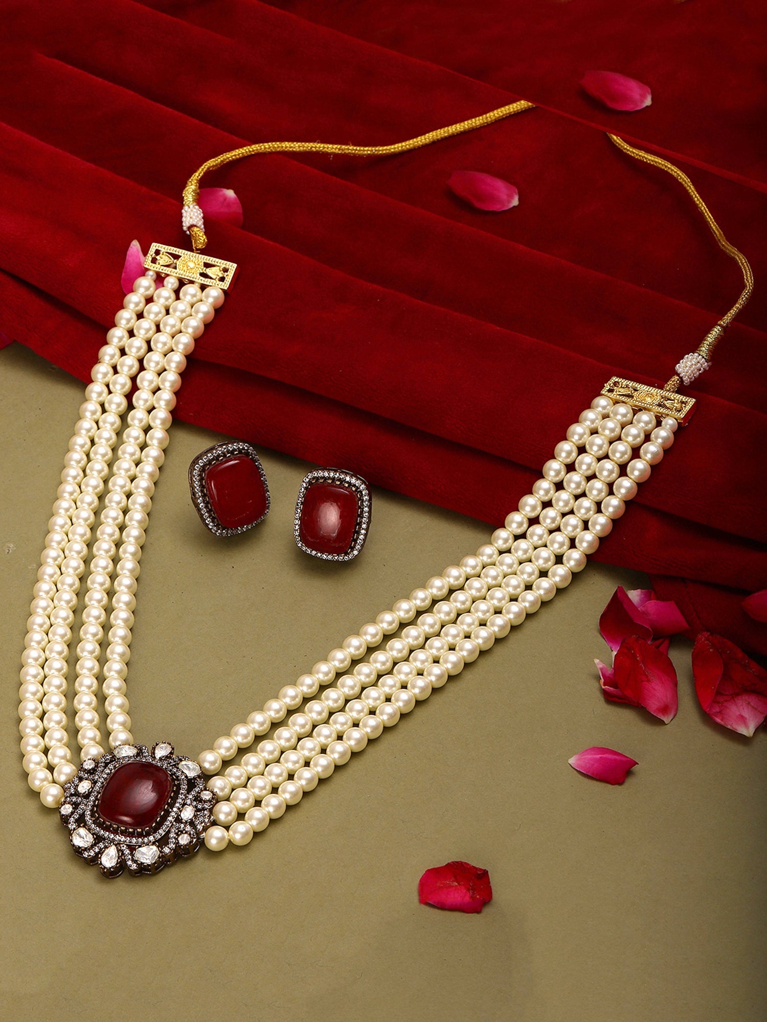 Maroon Stone and Mossainite Kundan in Pearls with Matching Studs - Ruby Raang - Distacart