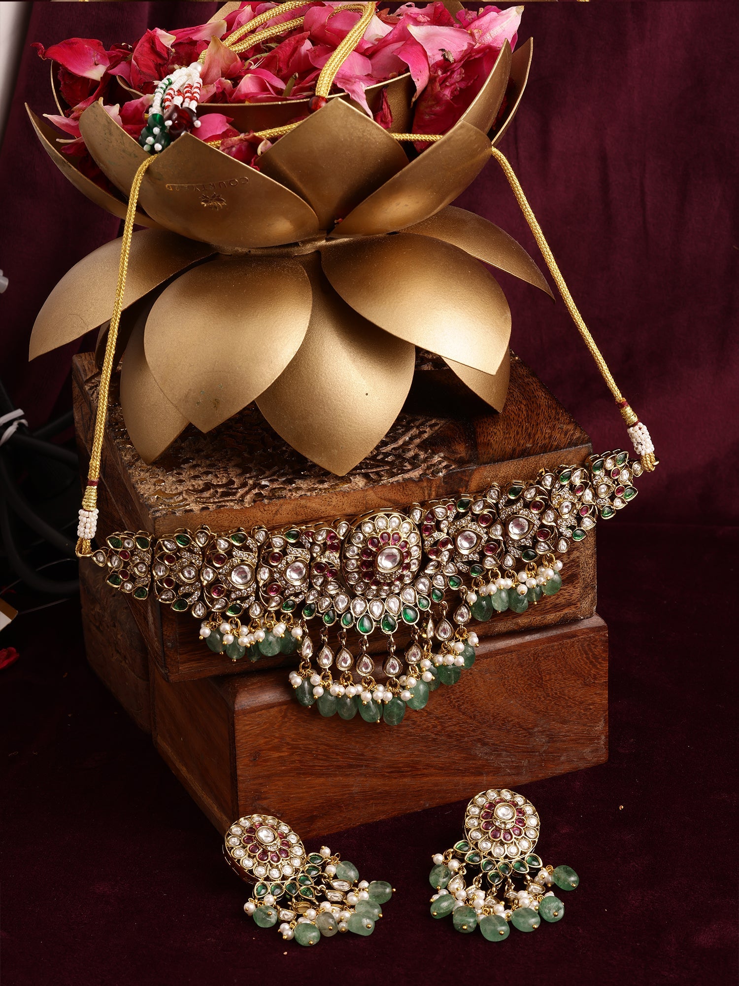 Precious Handcrafted Stone Neckpiece with Emeralds - Ruby Raang - Distacart