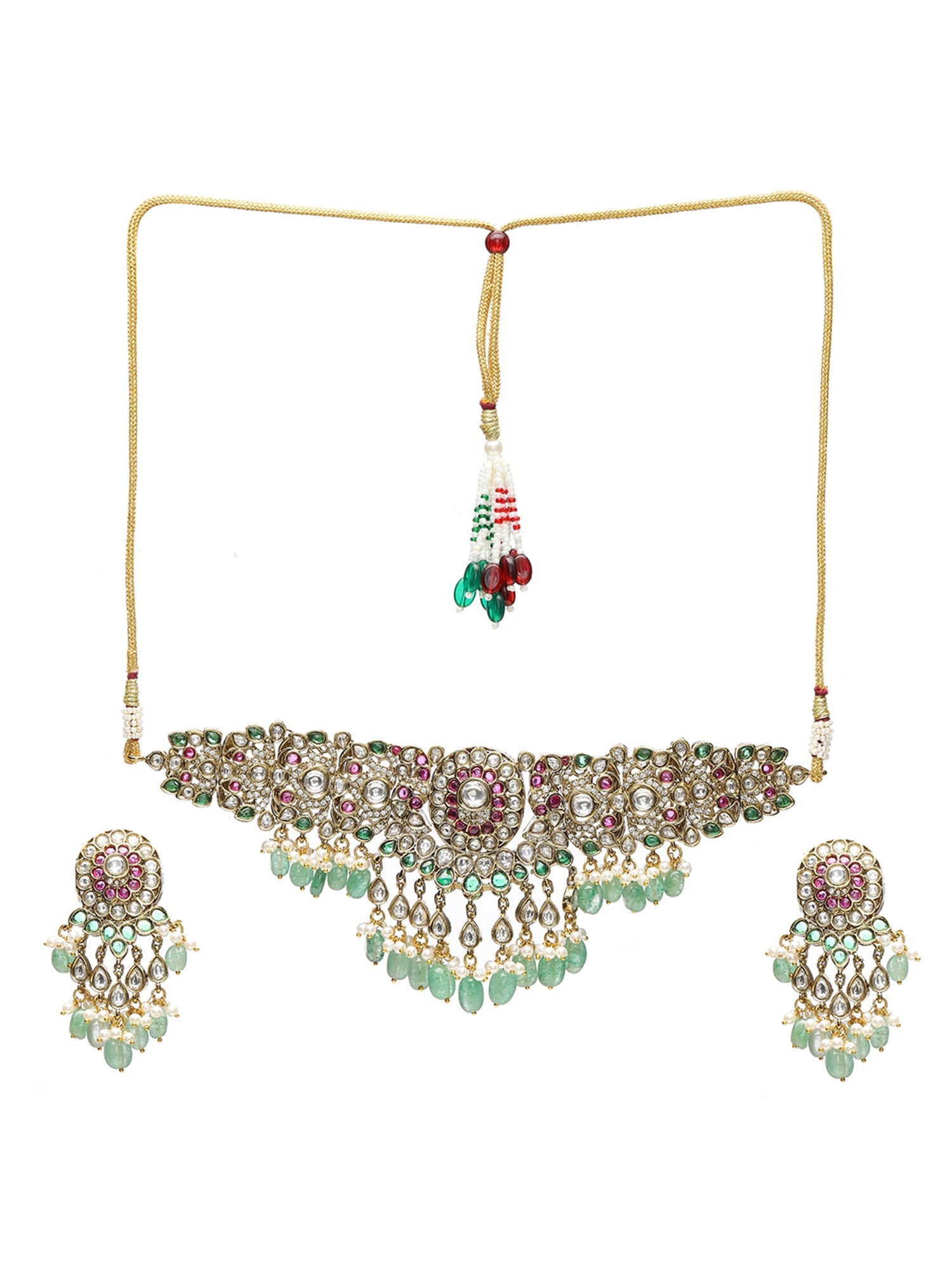 Precious Handcrafted Stone Neckpiece with Emeralds - Ruby Raang