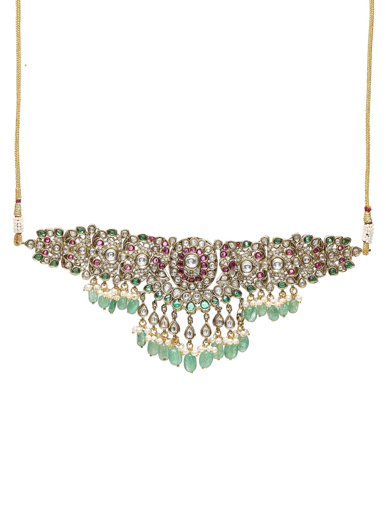 Precious Handcrafted Stone Neckpiece with Emeralds - Ruby Raang