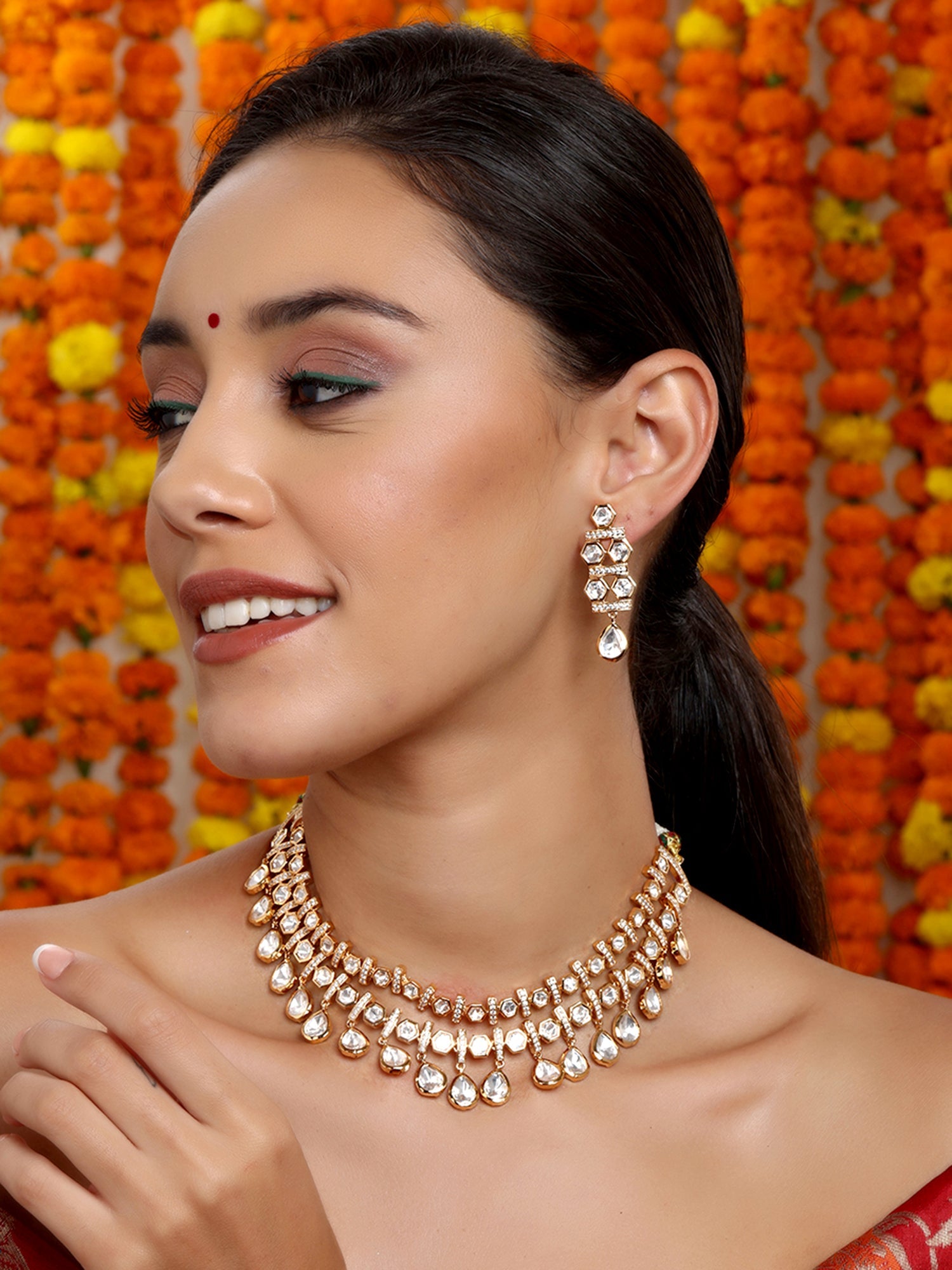 Kundan & Mossainite Necklace with Earrings - Ruby Raang - Distacart