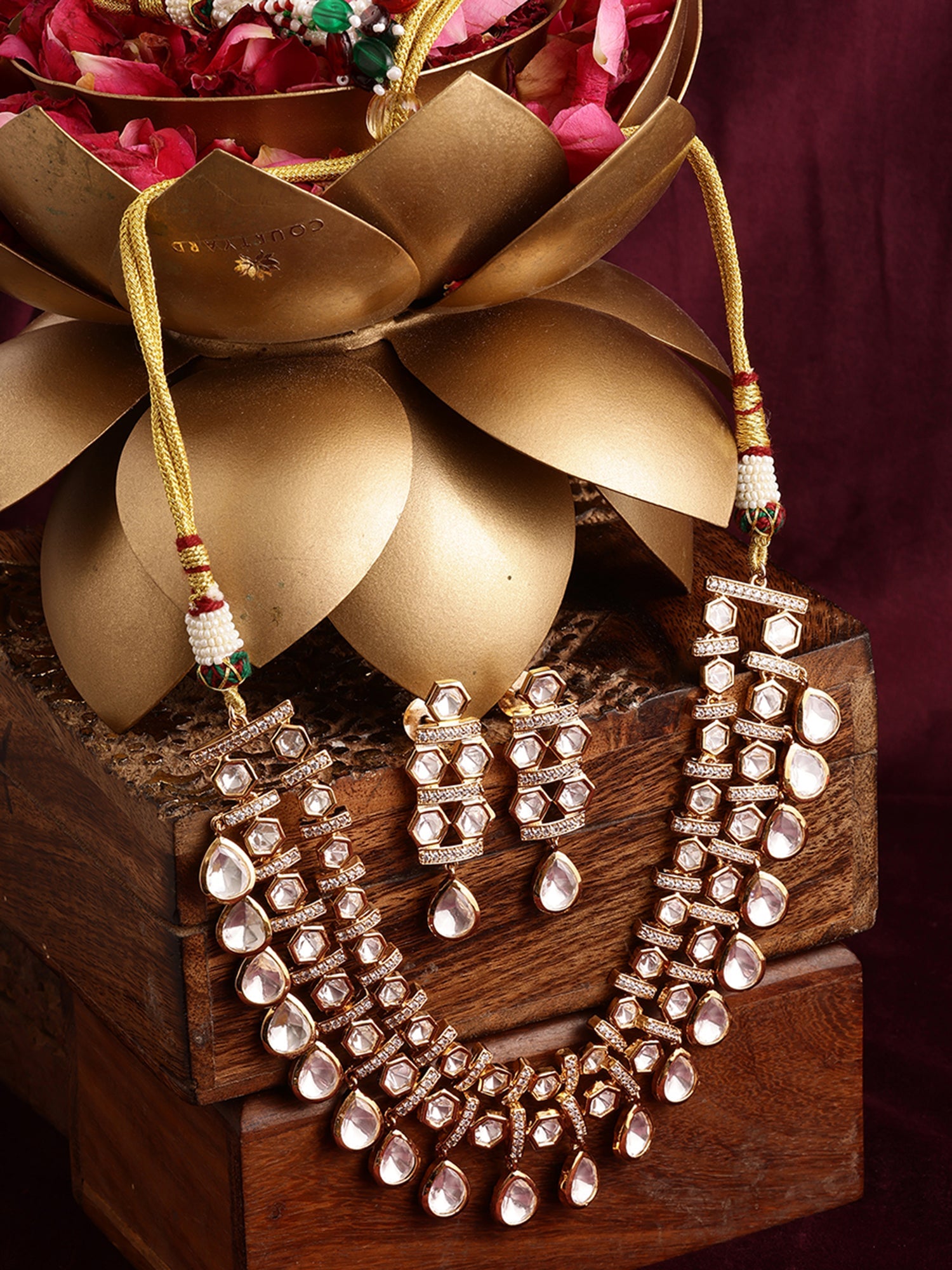 Kundan & Mossainite Necklace with Earrings - Ruby Raang - Distacart