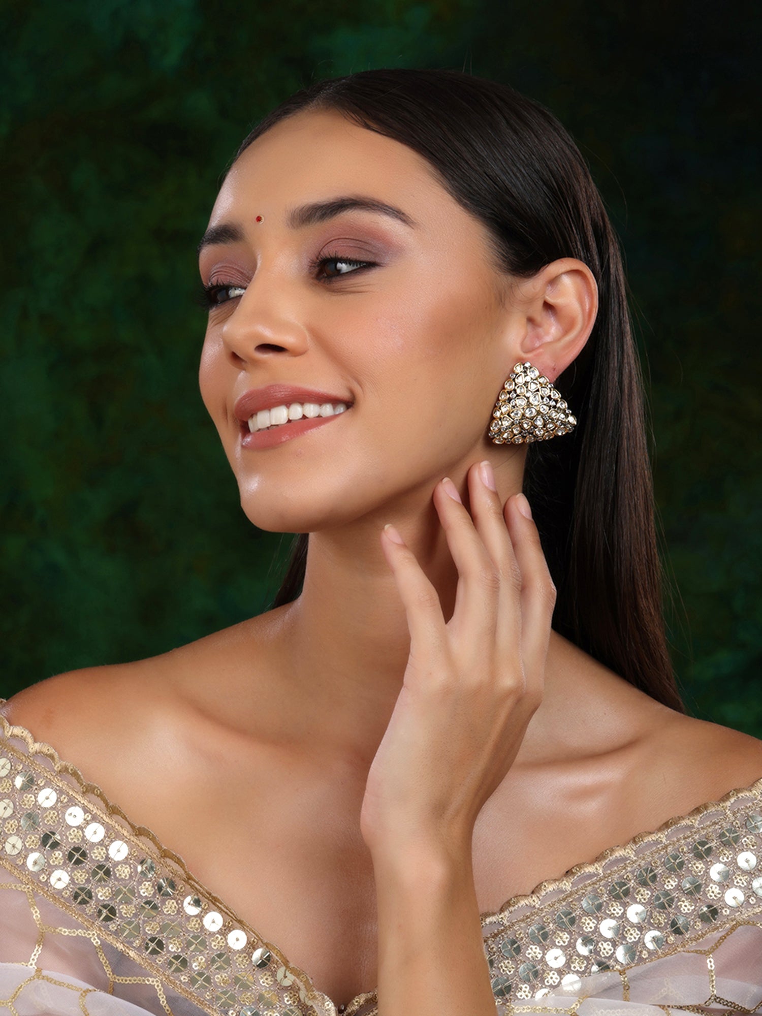 Triangle Dual Tone Kundan Earrings - Ruby Raang - Distacart