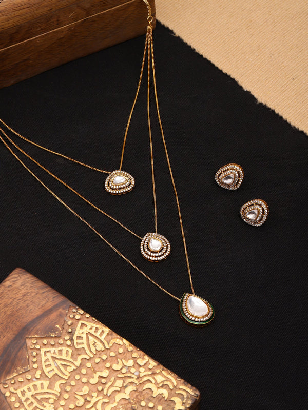 Layered Kundan Neckpiece with Matching Studs - Ruby Raang