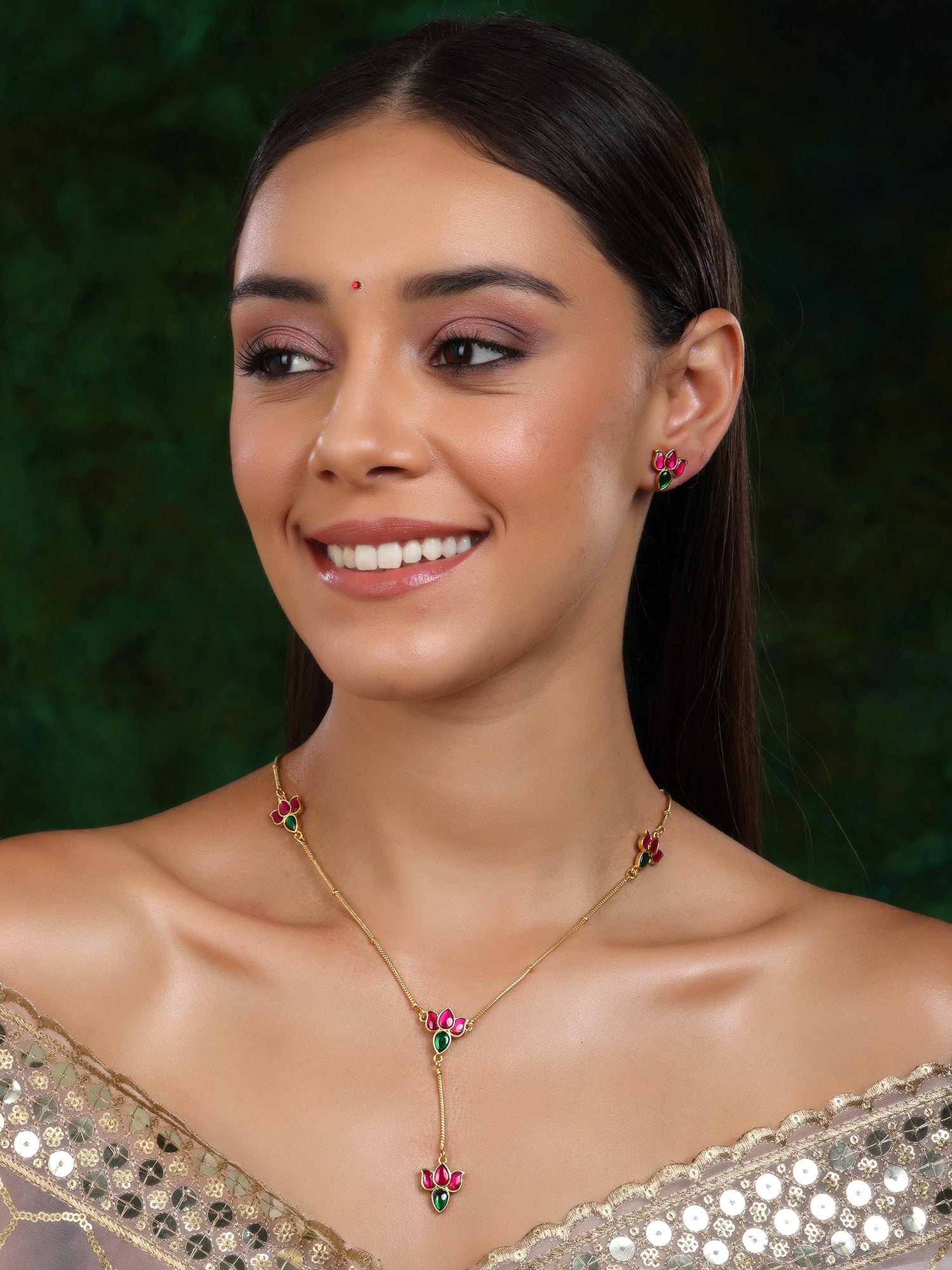 Handcrafted Patchi Kundan Necklace with Studs - Ruby Raang - Distacart
