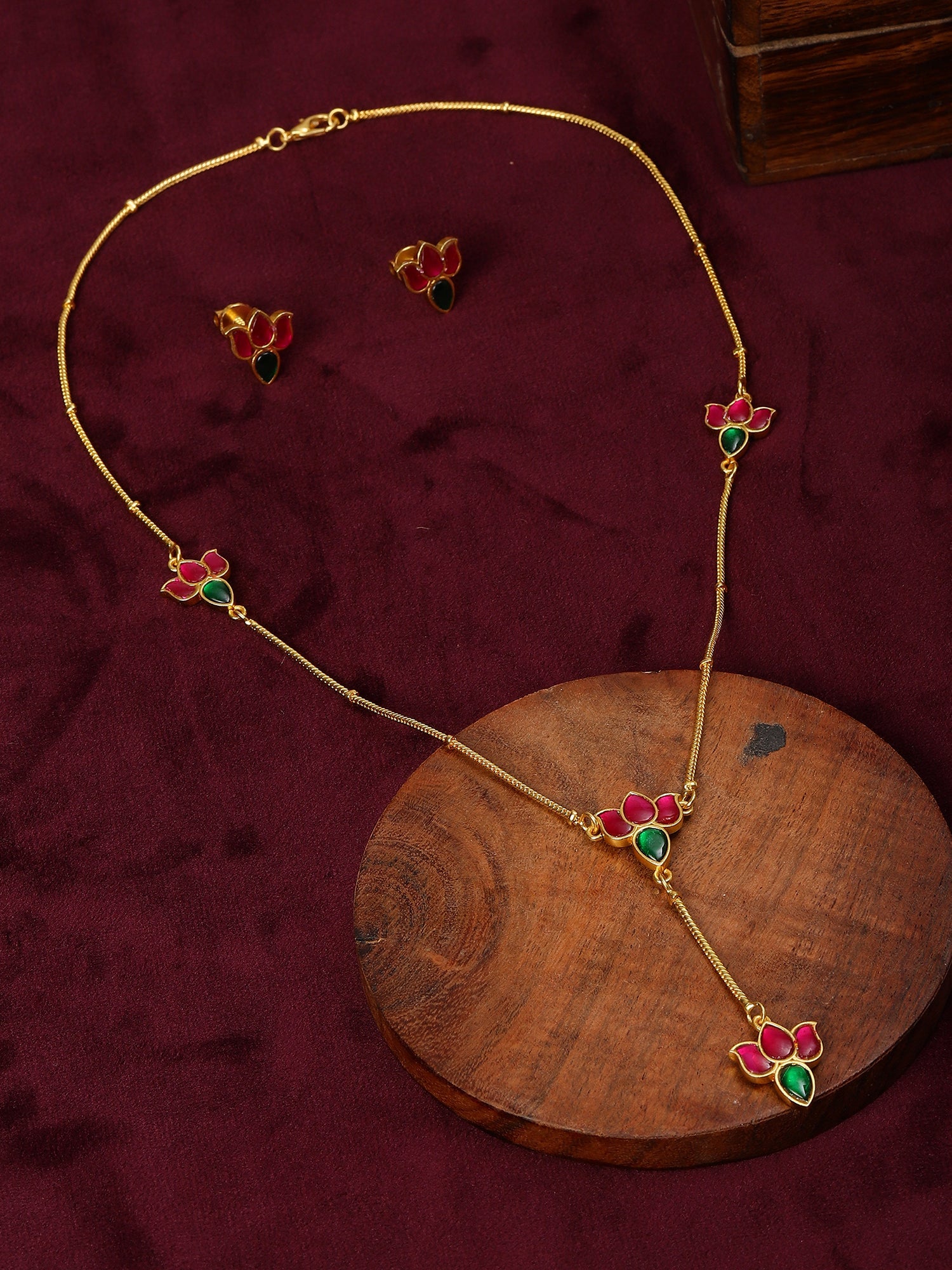 Handcrafted Patchi Kundan Necklace with Studs - Ruby Raang - Distacart