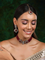 Thumbnail for Maroon Stone and Mossainite Kundan in Maroon Onyx with Matching Earrings and Maang Tikka - Ruby Raang