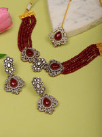 Thumbnail for Maroon Stone and Mossainite Kundan in Maroon Onyx with Matching Earrings and Maang Tikka - Ruby Raang