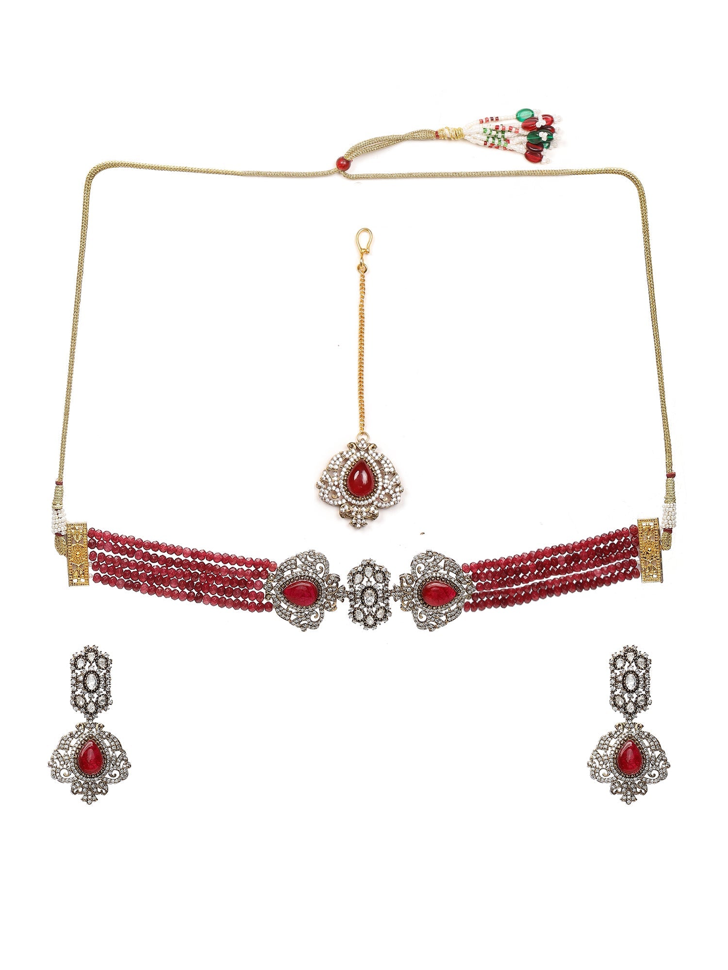 Maroon Stone and Mossainite Kundan in Maroon Onyx with Matching Earrings and Maang Tikka - Ruby Raang