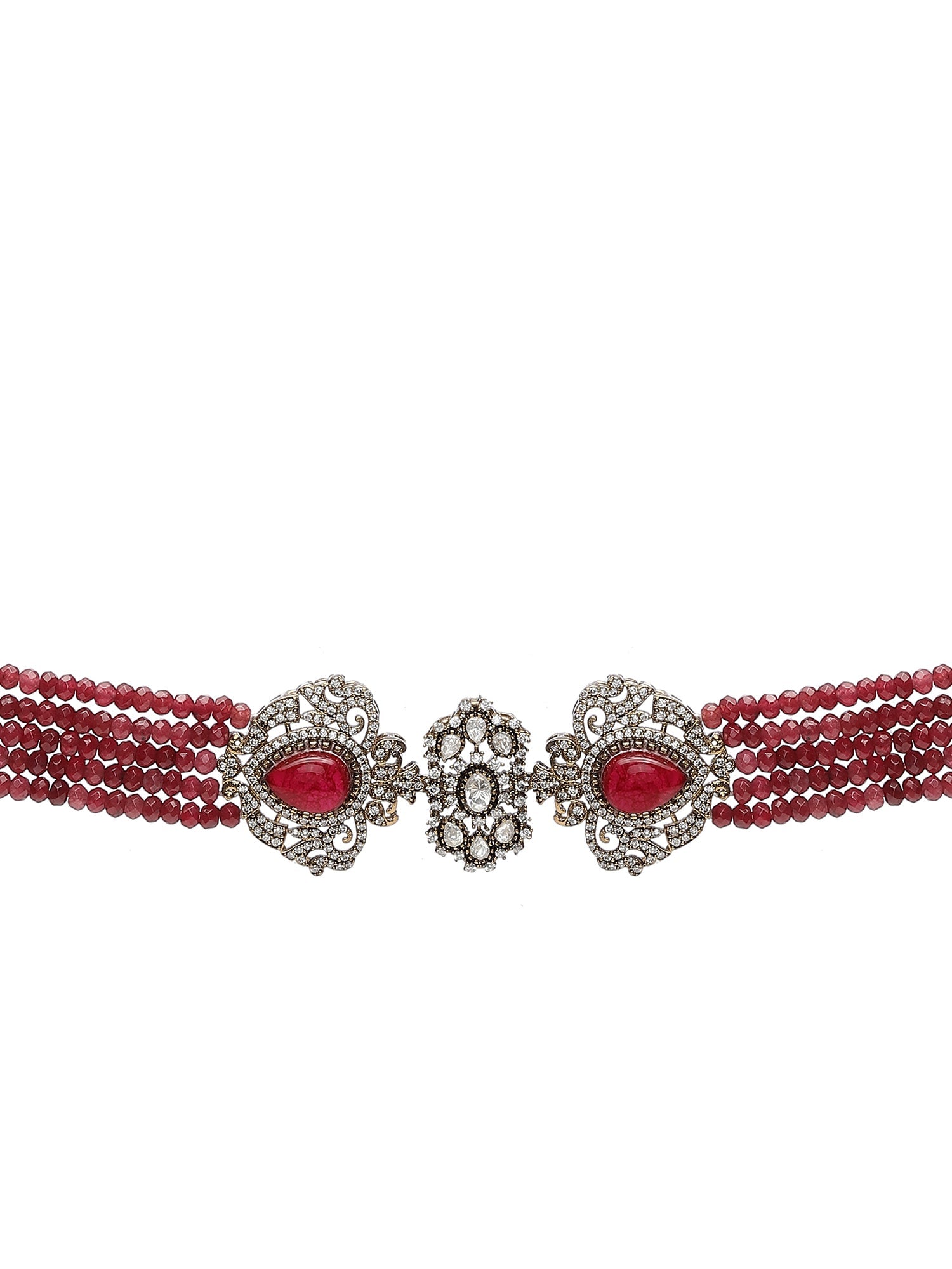 Maroon Stone and Mossainite Kundan in Maroon Onyx with Matching Earrings and Maang Tikka - Ruby Raang