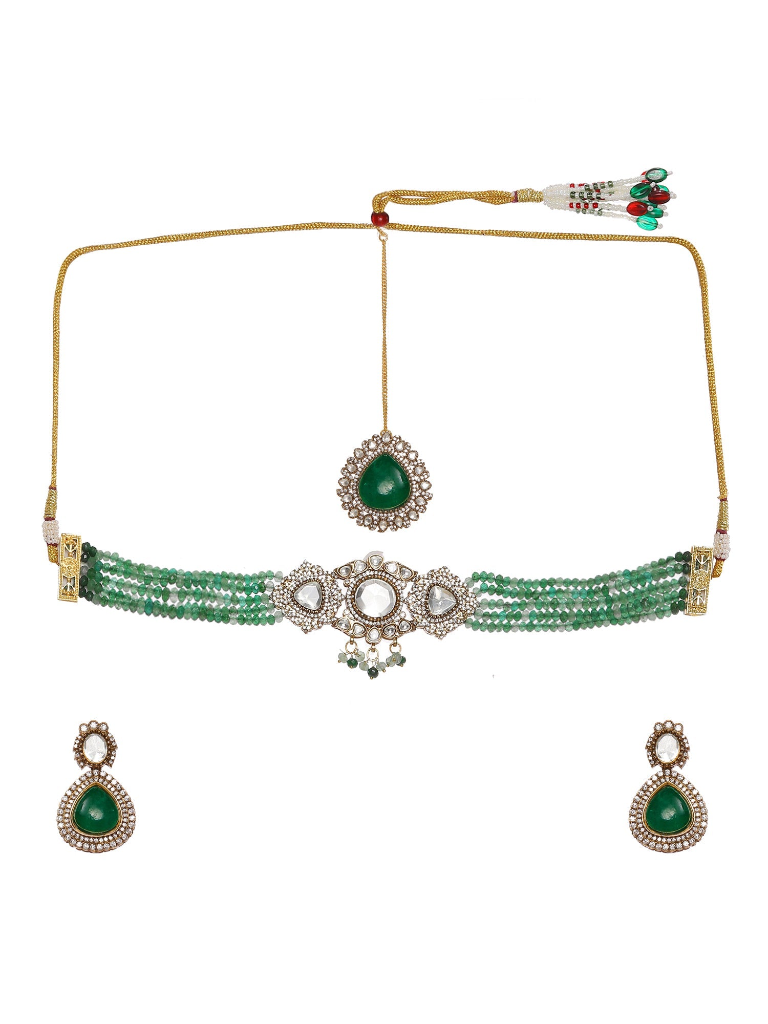 Emerald Stone and Mossainite Kundan in Green Onyx with Matching Earrings and Maang Tikka - Ruby Raang
