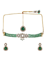Thumbnail for Emerald Stone and Mossainite Kundan in Green Onyx with Matching Earrings and Maang Tikka - Ruby Raang