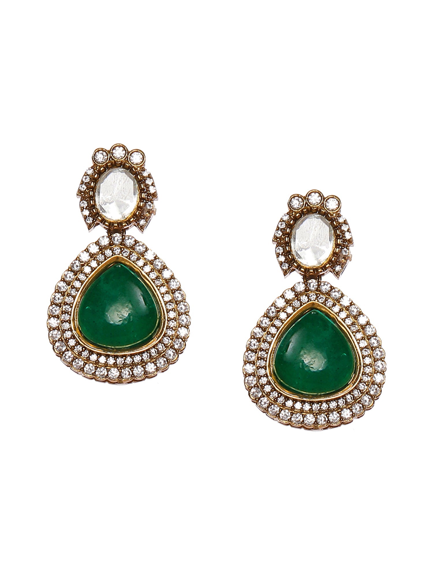 Emerald Stone and Mossainite Kundan in Green Onyx with Matching Earrings and Maang Tikka - Ruby Raang