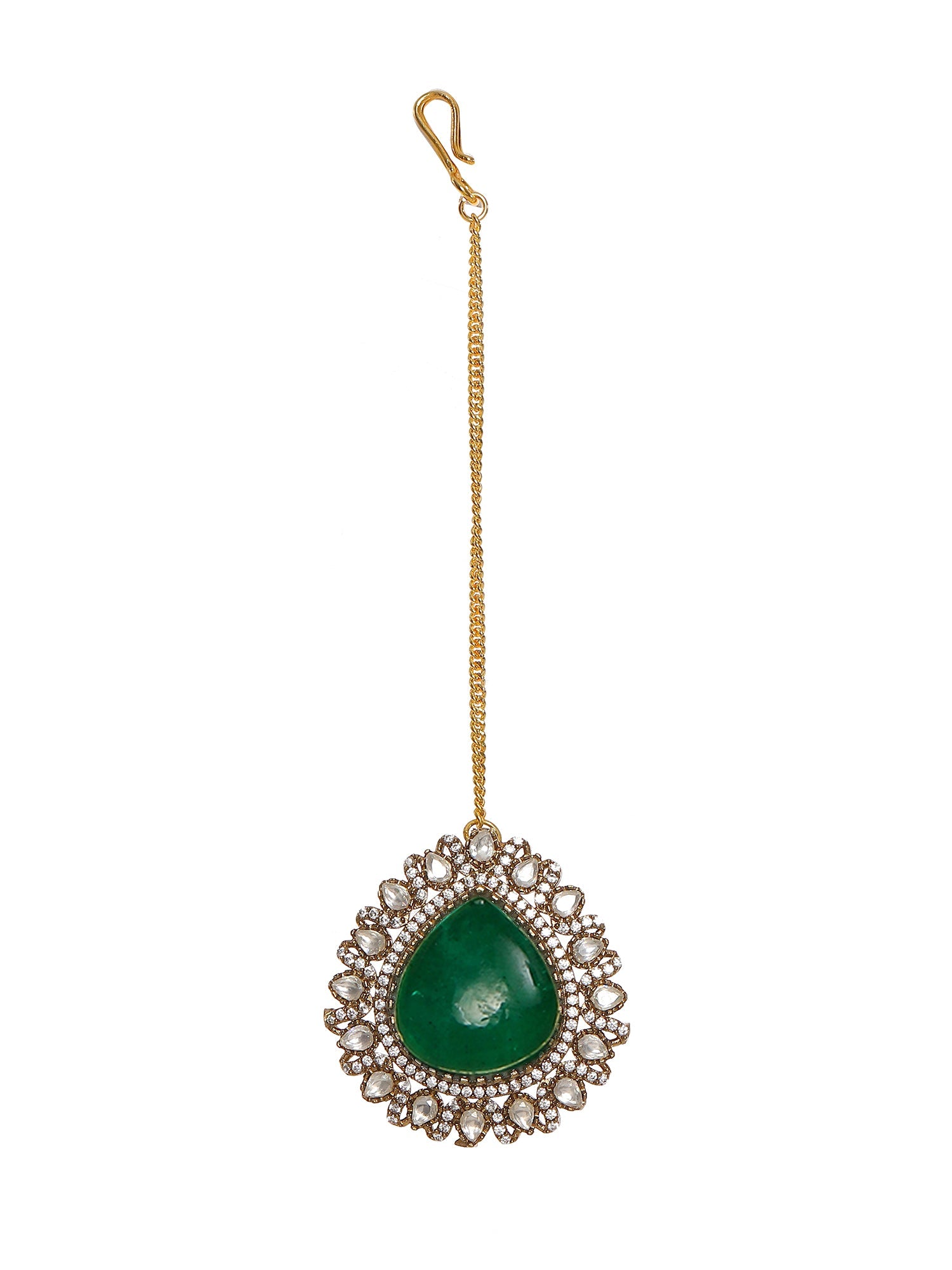 Emerald Stone and Mossainite Kundan in Green Onyx with Matching Earrings and Maang Tikka - Ruby Raang