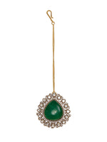 Thumbnail for Emerald Stone and Mossainite Kundan in Green Onyx with Matching Earrings and Maang Tikka - Ruby Raang