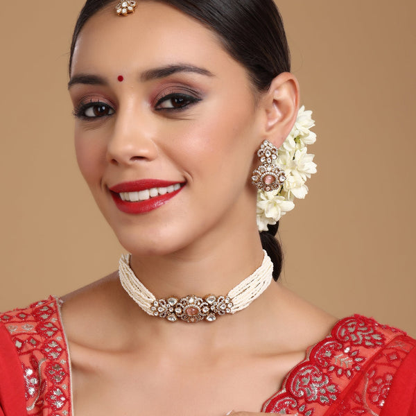 Stone and Mossainite Kundan in Pearls with Matching Earrings and Maang Tikka - Ruby Raang - Distacart