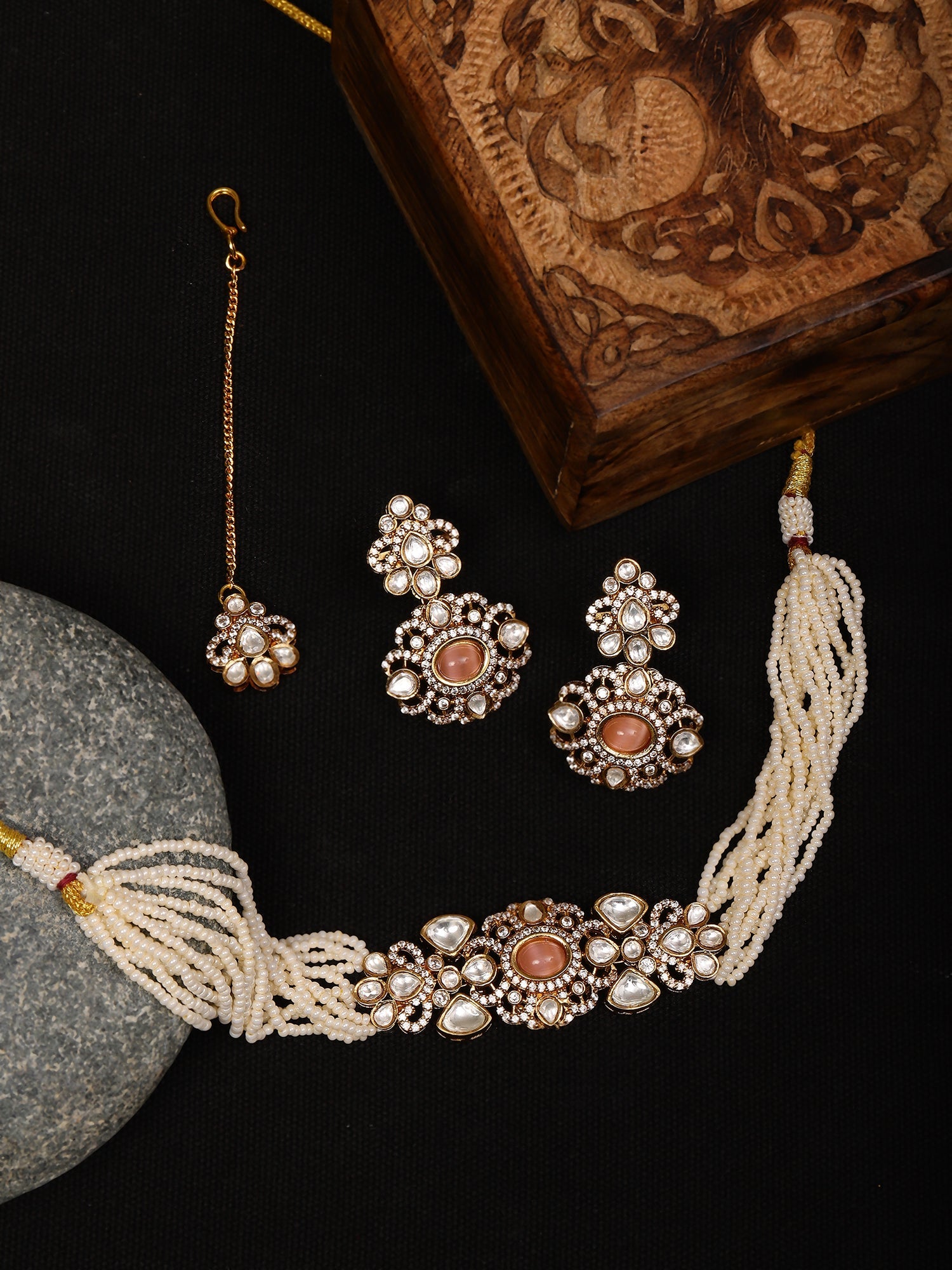 Stone and Mossainite Kundan in Pearls with Matching Earrings and Maang Tikka - Ruby Raang - Distacart