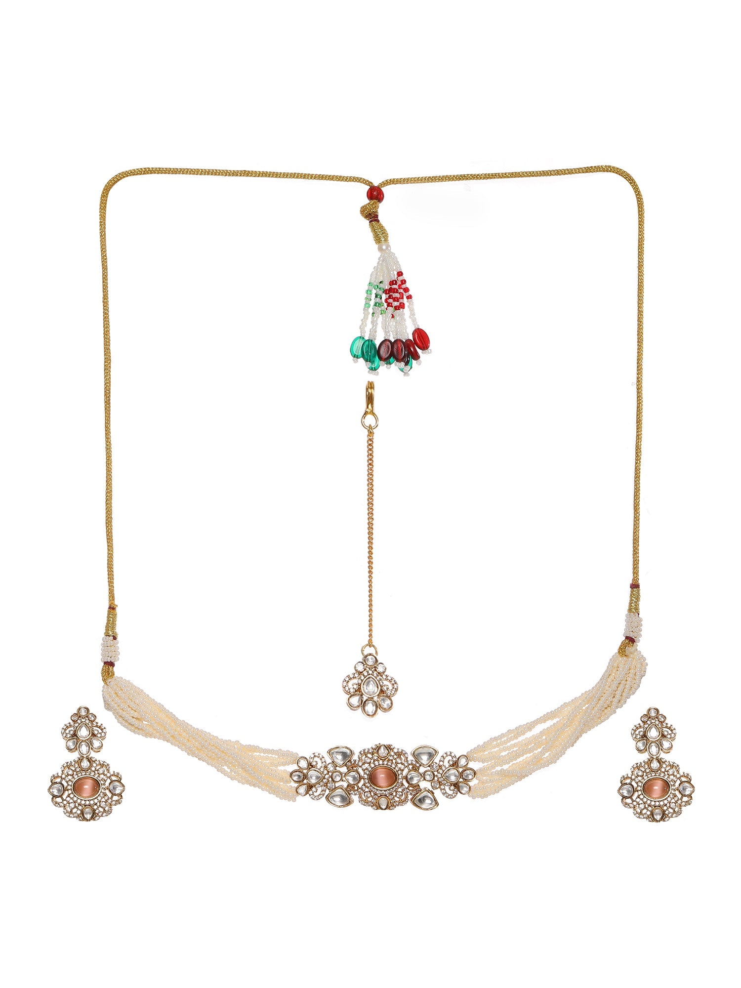 Stone and Mossainite Kundan in Pearls with Matching Earrings and Maang Tikka - Ruby Raang