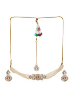 Thumbnail for Stone and Mossainite Kundan in Pearls with Matching Earrings and Maang Tikka - Ruby Raang