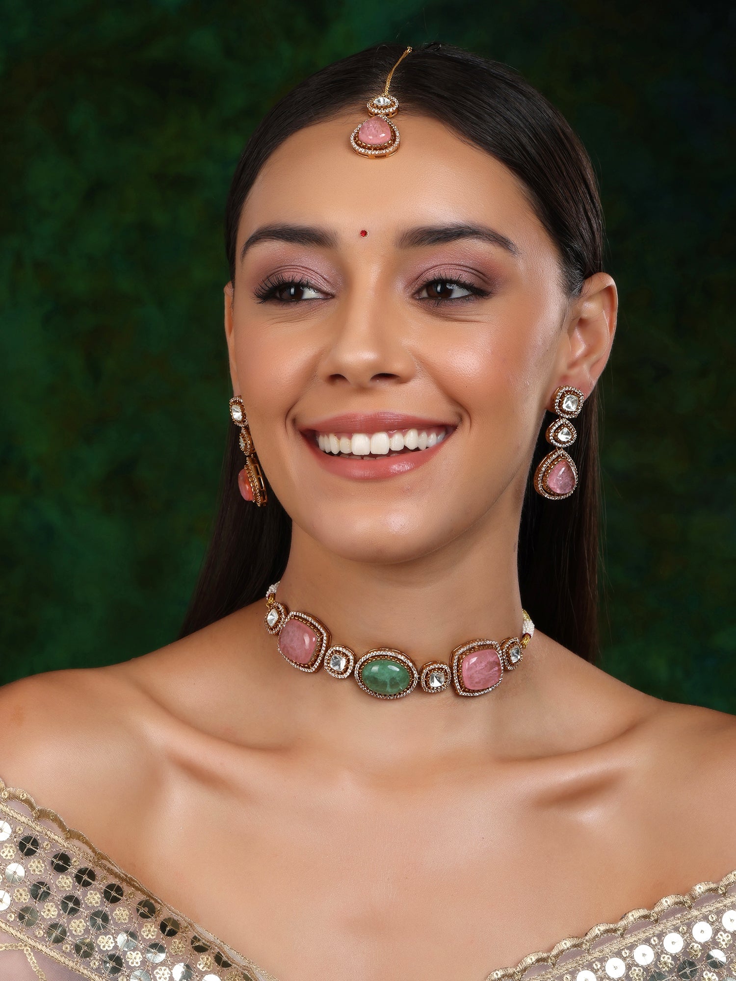 Multi Stone and Mossainite Kundan Choker with Matching Earrings and Maang Tikka - Ruby Raang - Distacart