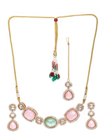 Thumbnail for Multi Stone and Mossainite Kundan Choker with Matching Earrings and Maang Tikka - Ruby Raang