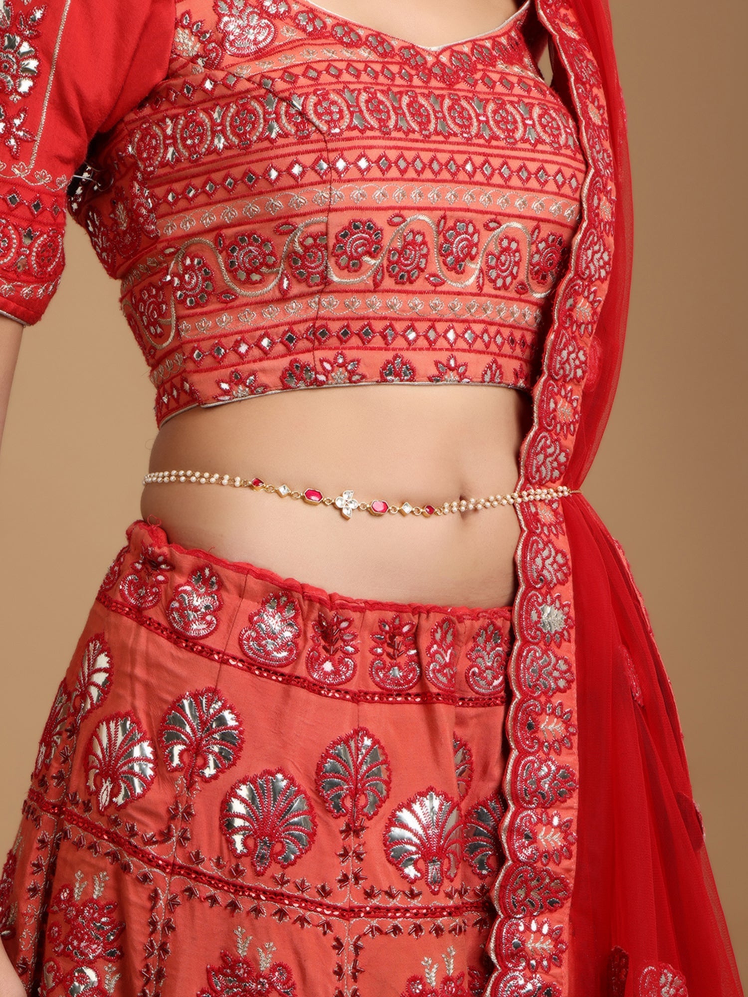 Red Stone & Clear Patchi Kundan in Pearl Kamar Band - Ruby Raang - Distacart