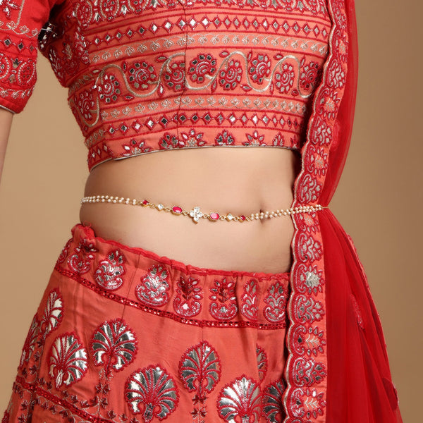 Red Stone & Clear Patchi Kundan in Pearl Kamar Band - Ruby Raang - Distacart