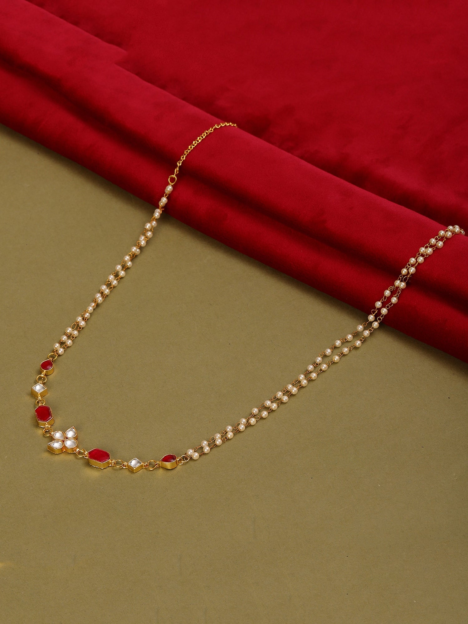 Red Stone & Clear Patchi Kundan in Pearl Kamar Band - Ruby Raang - Distacart