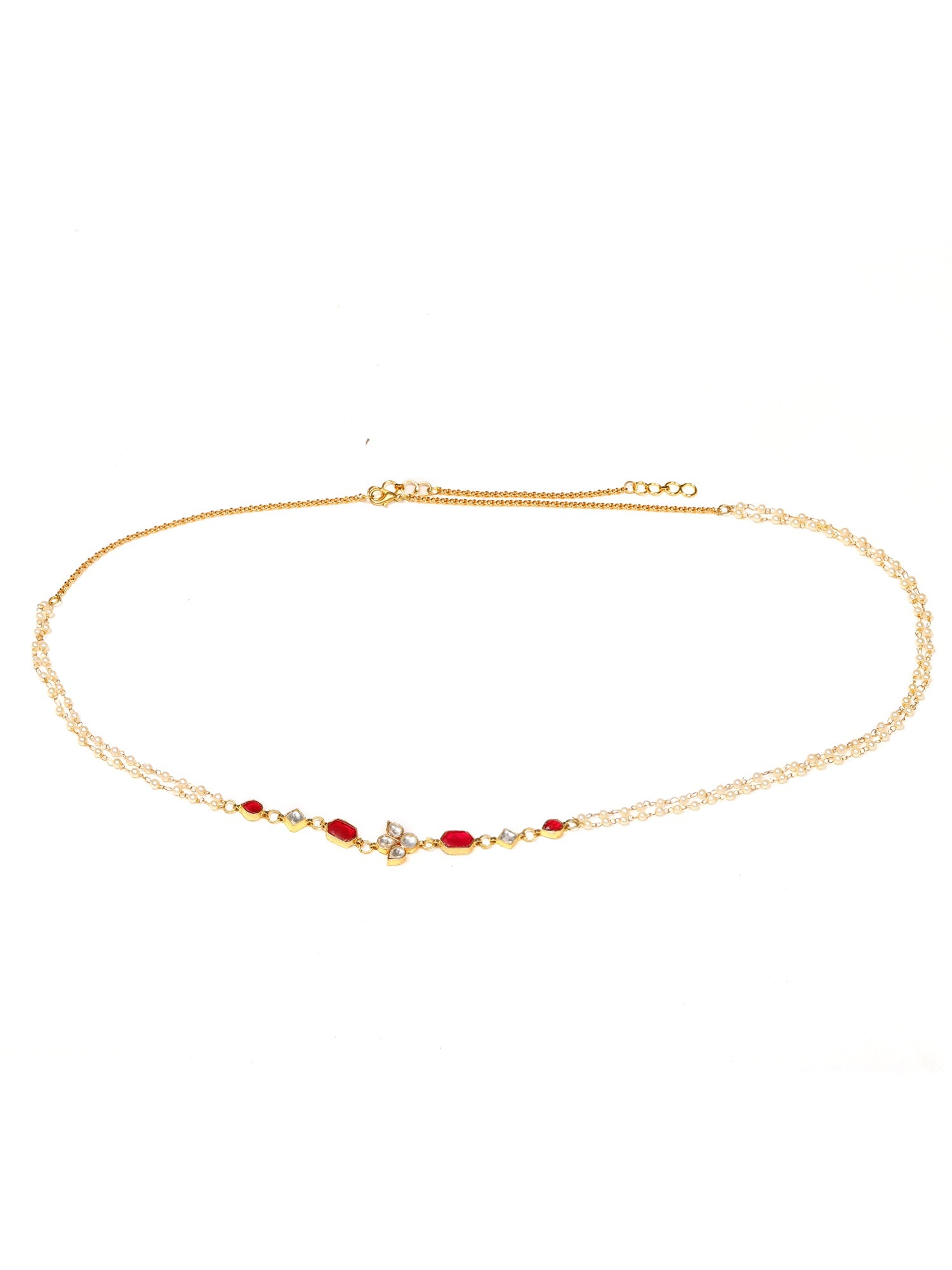 Red Stone & Clear Patchi Kundan in Pearl Kamar Band - Ruby Raang