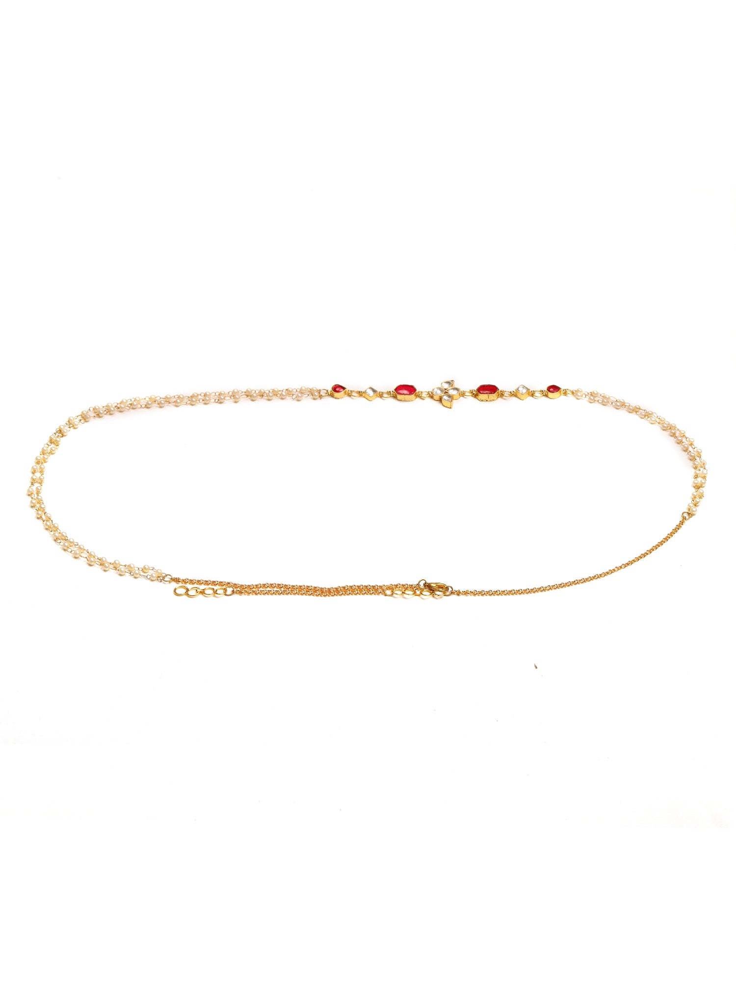 Red Stone & Clear Patchi Kundan in Pearl Kamar Band - Ruby Raang