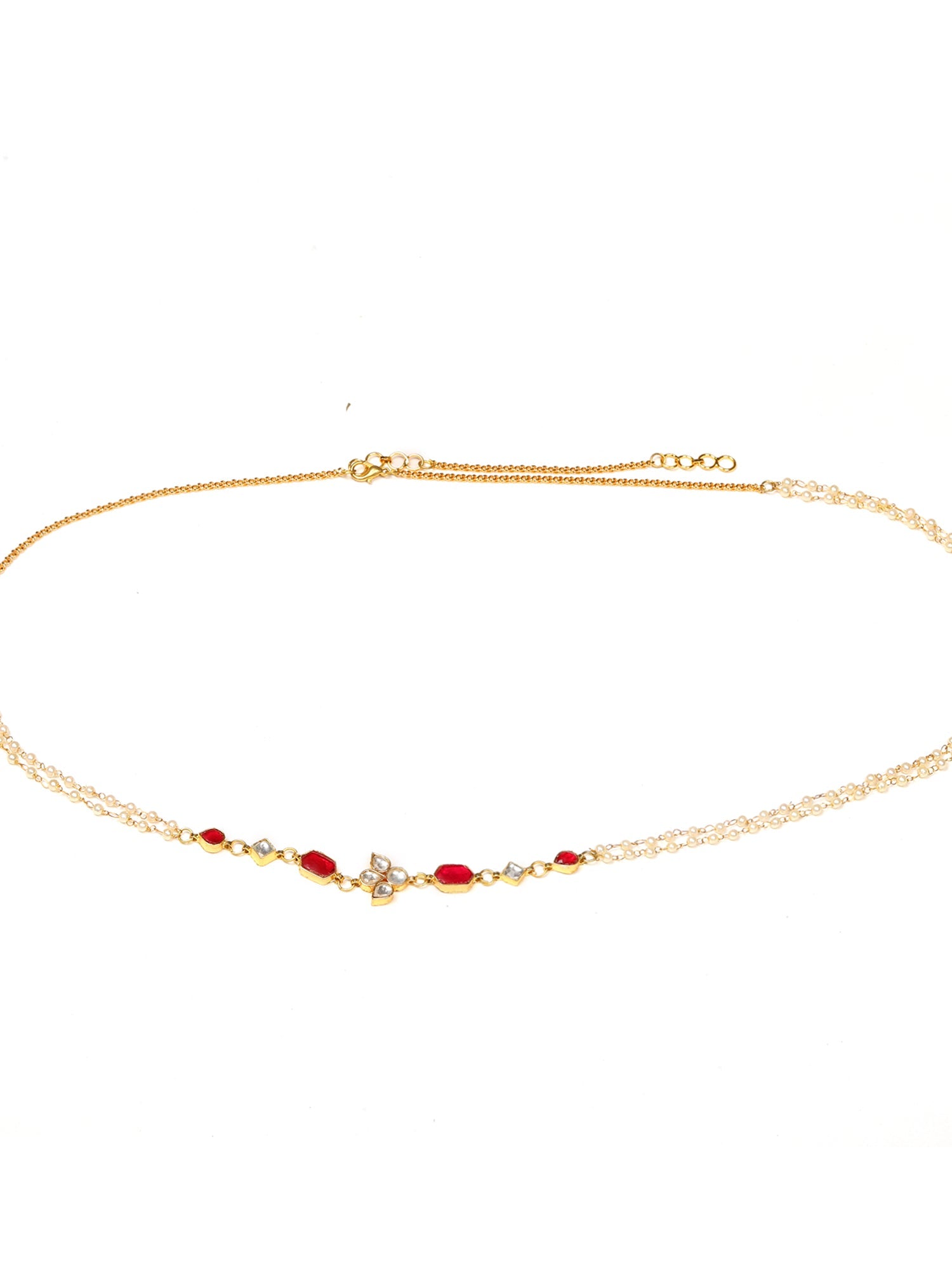 Red Stone & Clear Patchi Kundan in Pearl Kamar Band - Ruby Raang