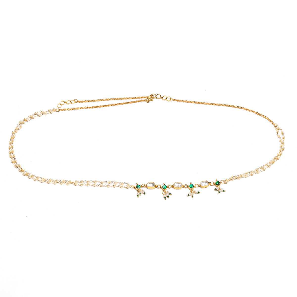 Green Stone & Clear Patchi Kundan in Pearl Kamar Band - Ruby Raang