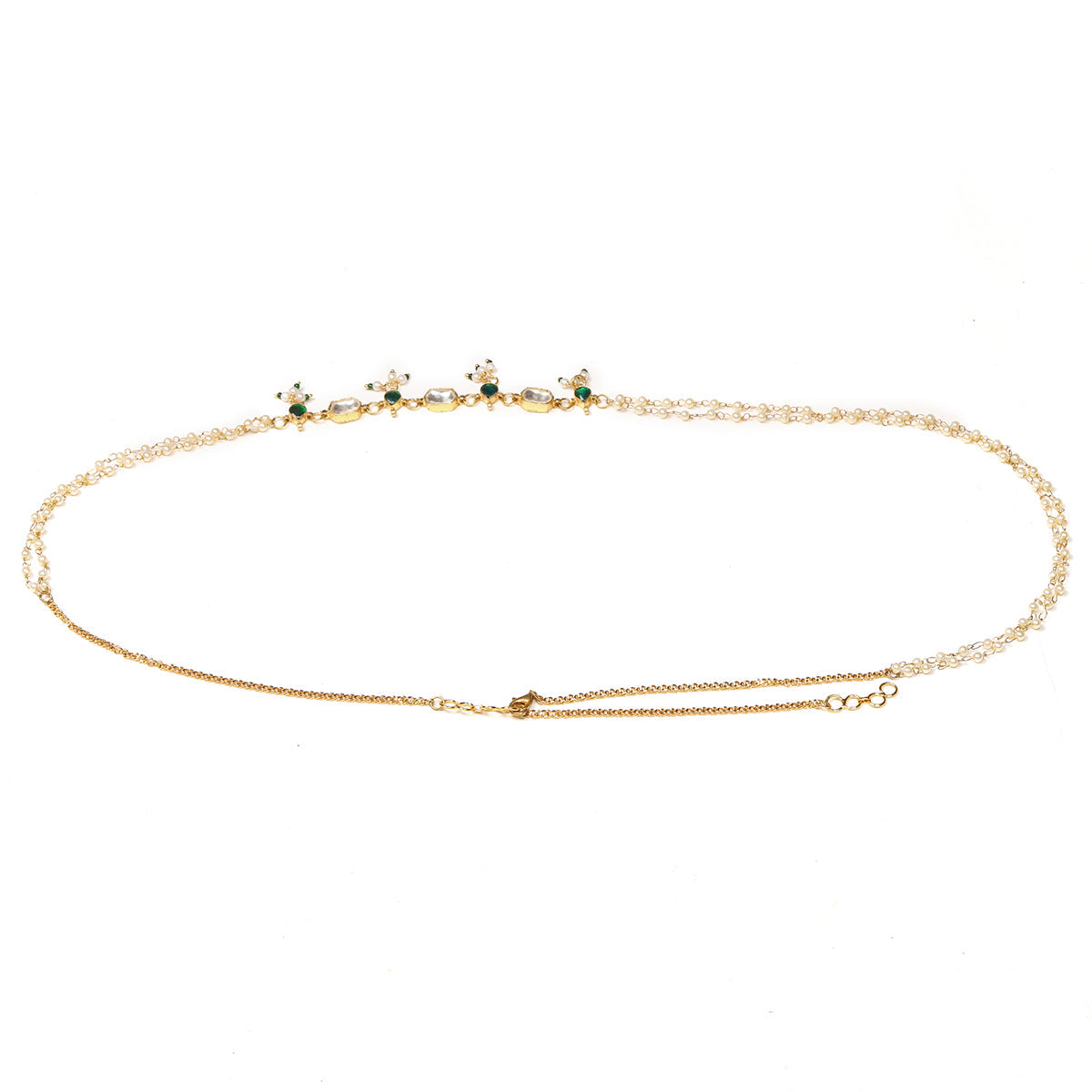 Green Stone & Clear Patchi Kundan in Pearl Kamar Band - Ruby Raang