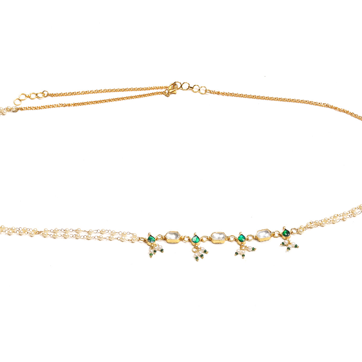 Green Stone & Clear Patchi Kundan in Pearl Kamar Band - Ruby Raang