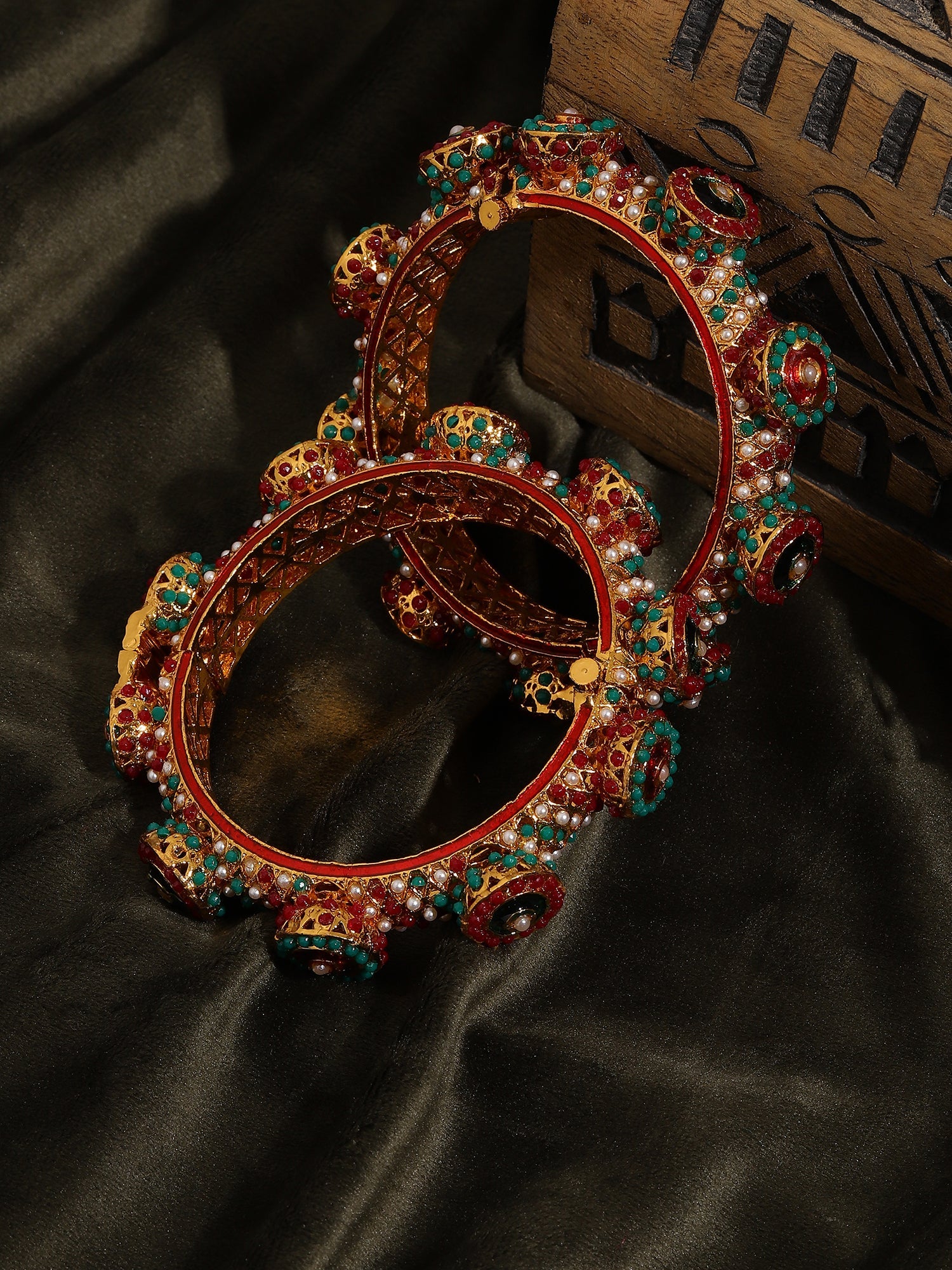 Rajwada Red - Green Hues Handcrafted Heavy Bangles (set of 2) - Ruby Raang - Distacart