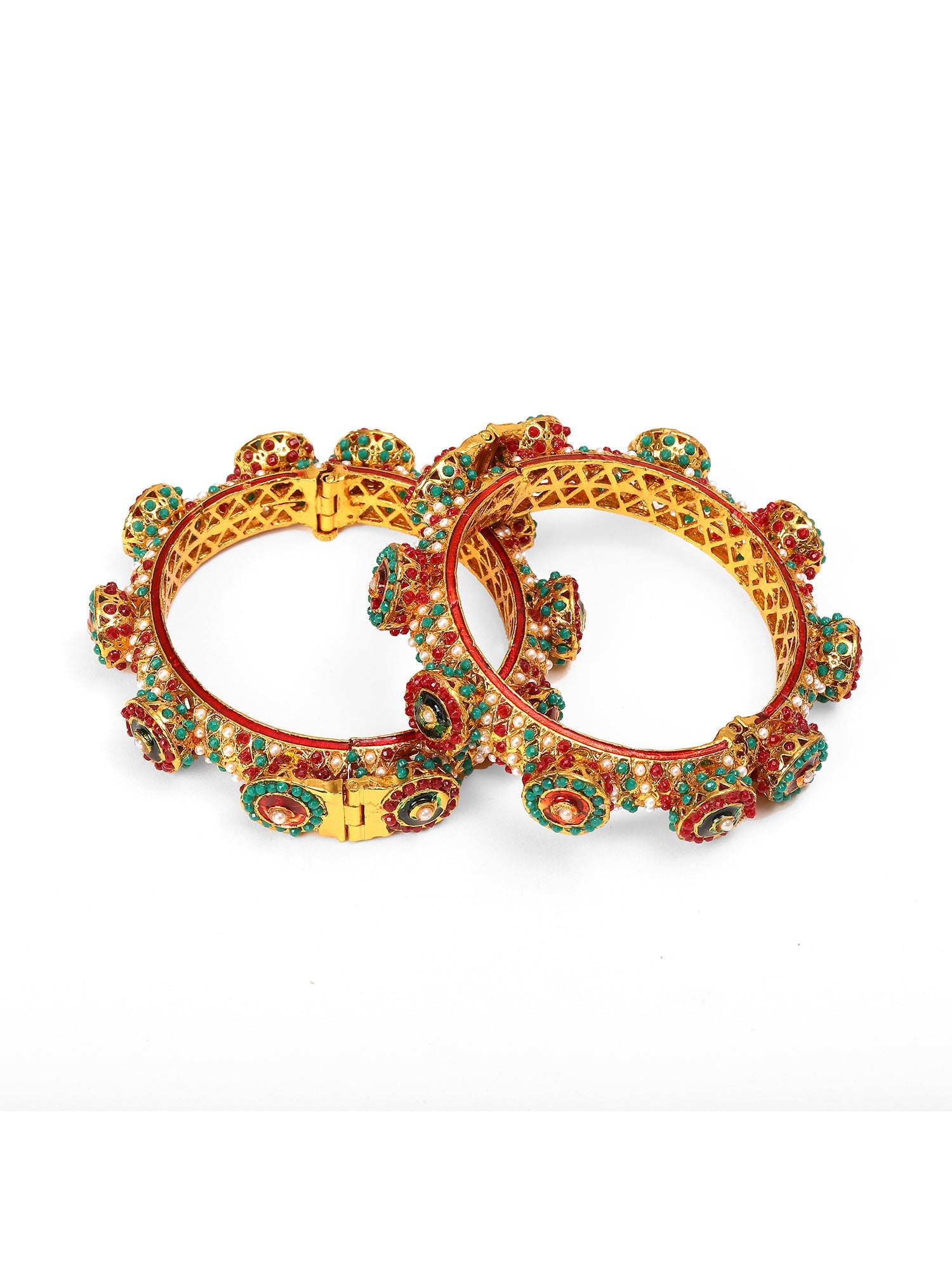 Rajwada Red - Green Hues Handcrafted Heavy Bangles (set of 2) - Ruby Raang