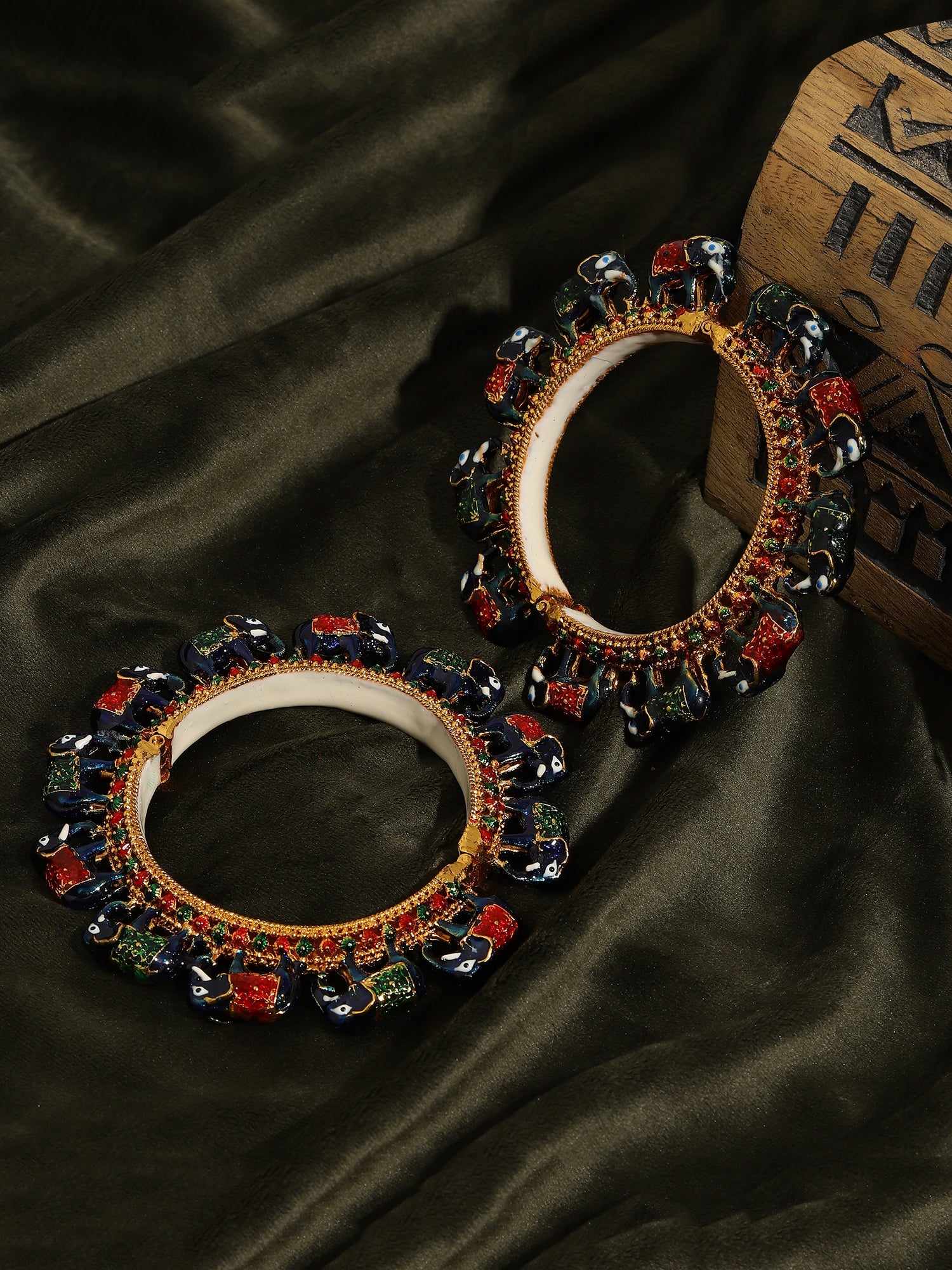 Elephant Blue Meenakari Handcrafted Heavy Bangles (set of 2) - Ruby Raang - Distacart