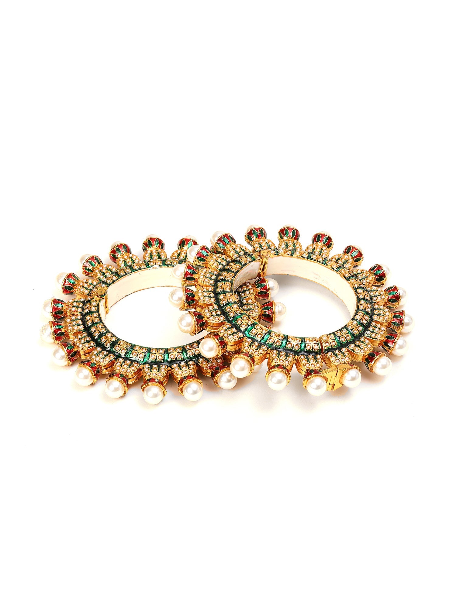 Oversized Pearl Meenakari Handcrafted Heavy Bangles (set of 2) - Ruby Raang